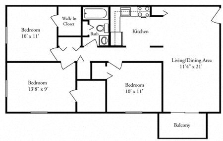 Floor plan for 3 beds, 1 bath, 700 sqft