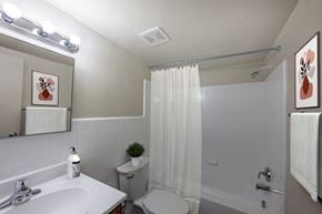 Washington apartment for rent - a bathroom with a shower and a sink and a toilet