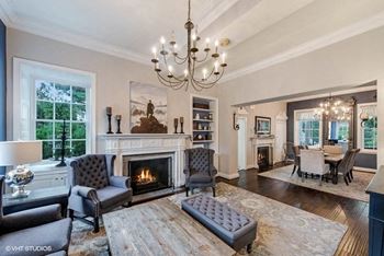 Historical clubhouse living room with chandelier