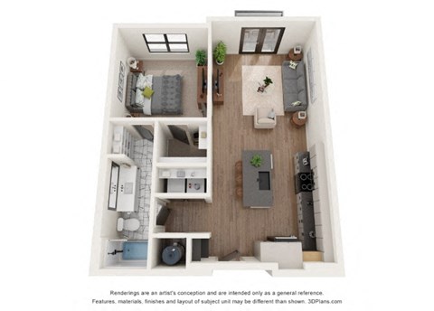 Floor plan for 1 bed, 1 bath, 805 sqft