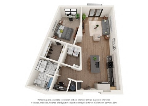Floor plan for 1 bed, 1 bath, 942 sqft