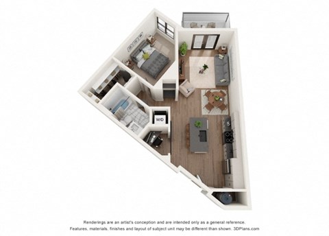 Floor plan for 1 bed, 1 bath, 740 sqft
