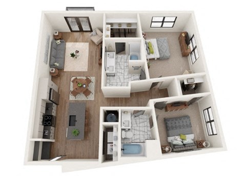 Floor plan for 2 beds, 2 baths, 1129 sqft