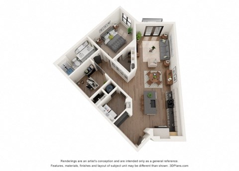 Floor plan for 1 bed, 1 bath, 970 sqft
