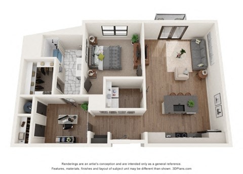 Floor plan for 1 bed, 1 bath, 953 sqft
