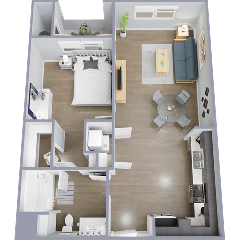 Floor plan for 1 bed, 1 bath, 741 sqft