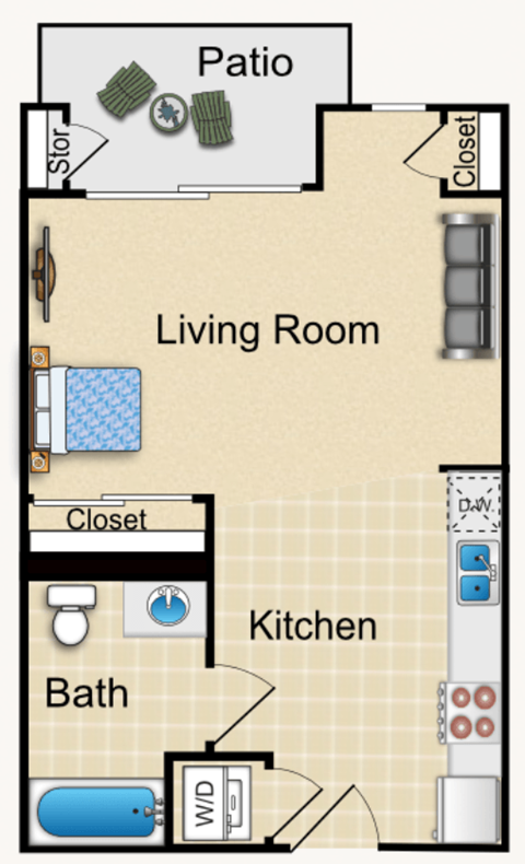 Floor plan for studio, 1 bath, 481 sqft