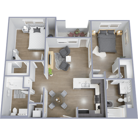 Floor plan for 2 beds, 2 baths, 1027 sqft