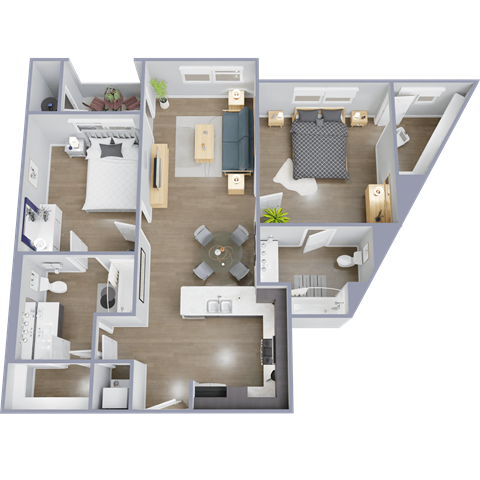 Floor plan for 2 beds, 2 baths, 960 sqft