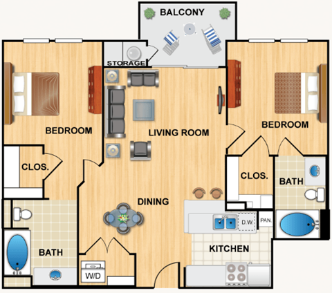 Floor plan for 2 beds, 2 baths, 984 sqft