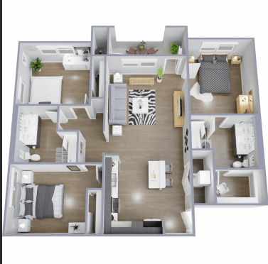 Floor plan for 3 beds, 3 baths, 1309 sqft