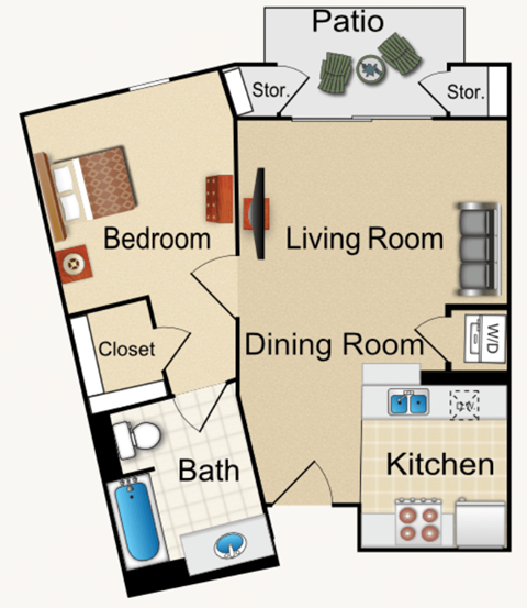 Floor plan for 1 bed, 1 bath, 640 sqft