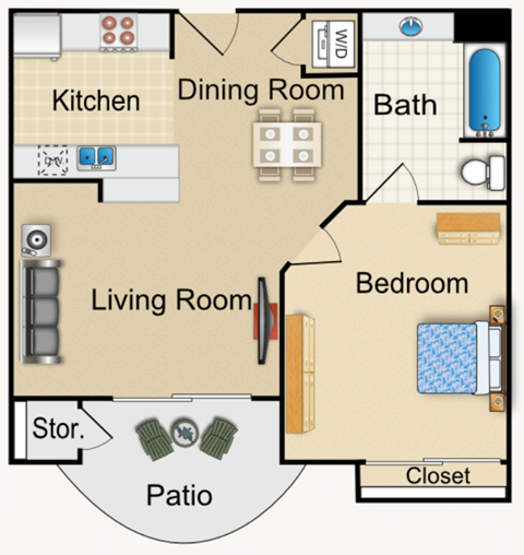 Floor plan for 1 bed, 1 bath, 710 sqft