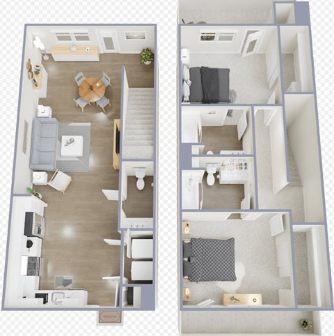 Floor plan for 2 beds, 2.5 baths, 1371 sqft