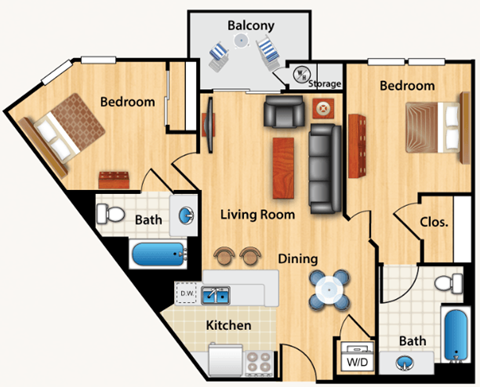 Floor plan for 2 beds, 2 baths, 858 sqft