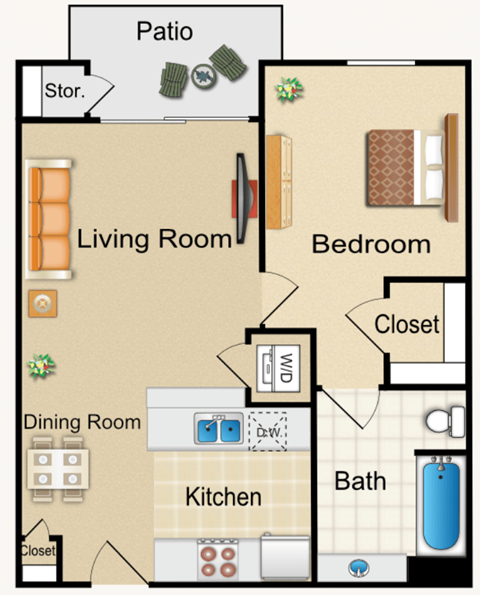 Floor plan for 1 bed, 1 bath, 769 sqft