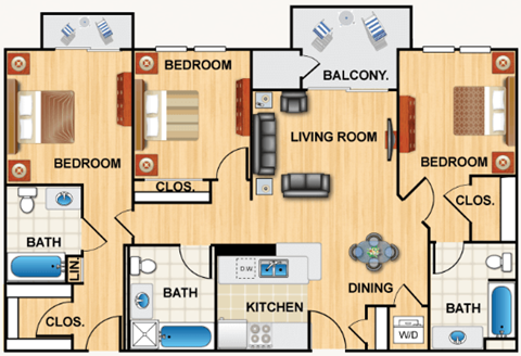 Floor plan for 3 beds, 3 baths, 1267 sqft