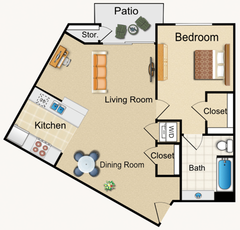 Floor plan for 1 bed, 1 bath, 815 sqft