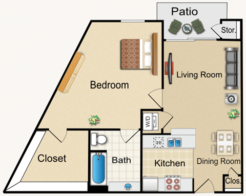 Floor plan for 1 bed, 1 bath, 857 sqft