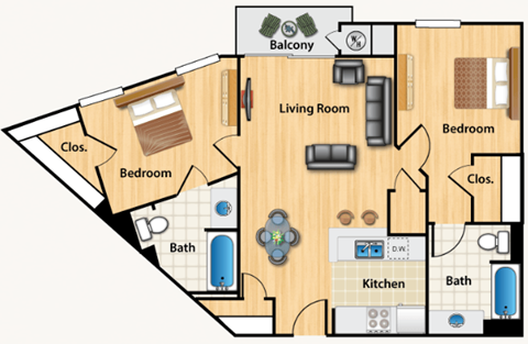 Floor plan for 2 beds, 2 baths, 940 sqft
