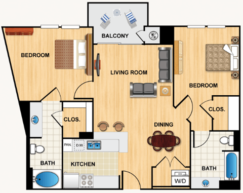 Floor plan for 2 beds, 2 baths, 1016 sqft