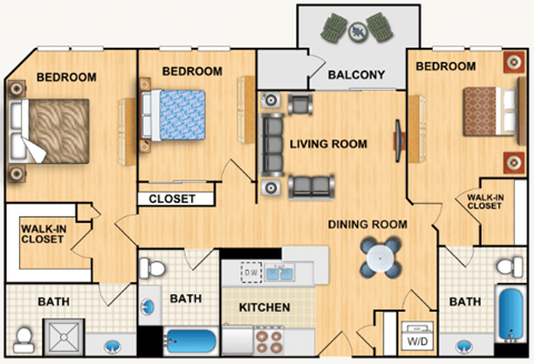 Floor plan for 3 beds, 3 baths, 1311 sqft
