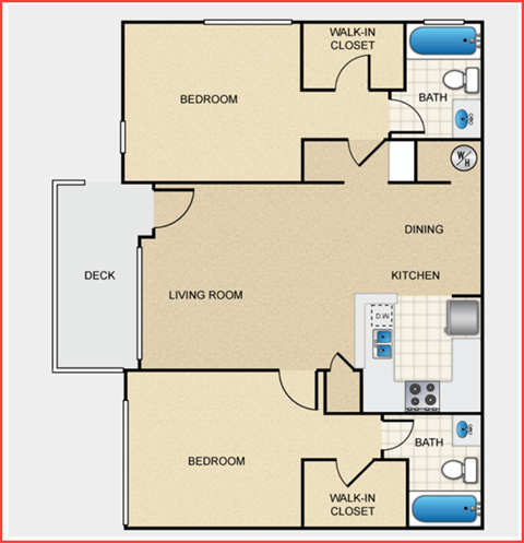 Floor plan for 2 beds, 2 baths, 945 sqft