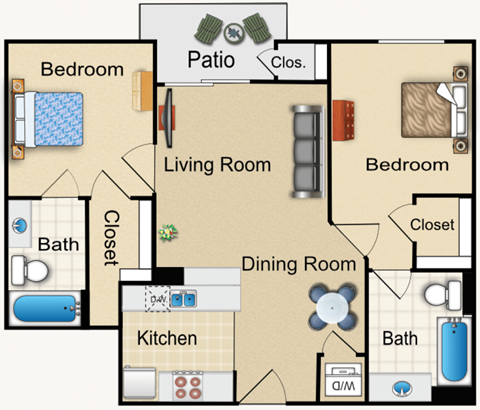Floor plan for 2 beds, 2 baths, 943 sqft