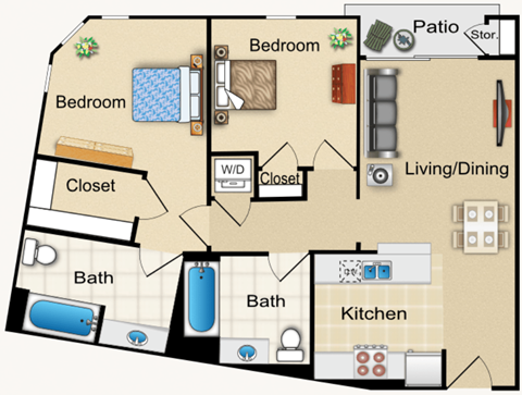 Floor plan for 2 beds, 2 baths, 932 sqft
