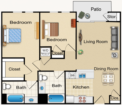 Floor plan for 2 beds, 2 baths, 995 sqft