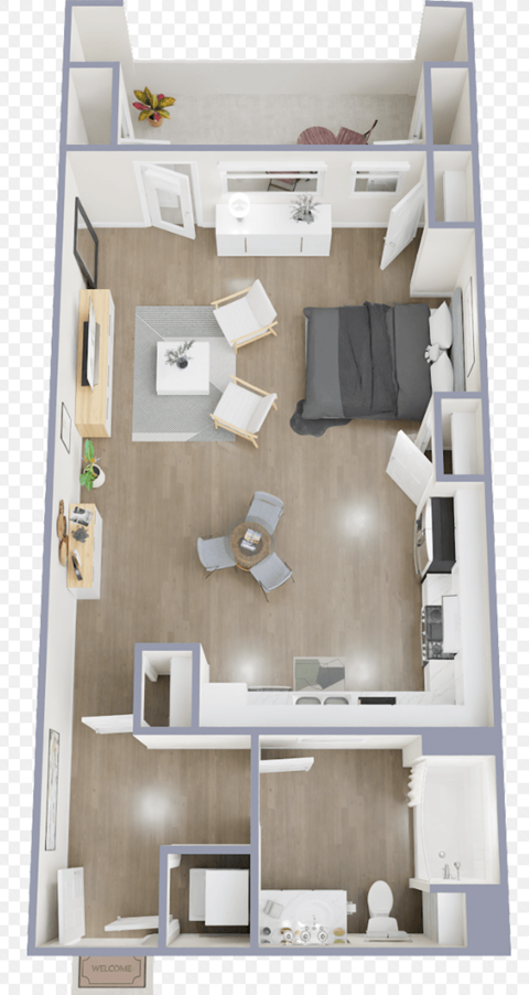 Floor plan for studio, 1 bath, 671 sqft