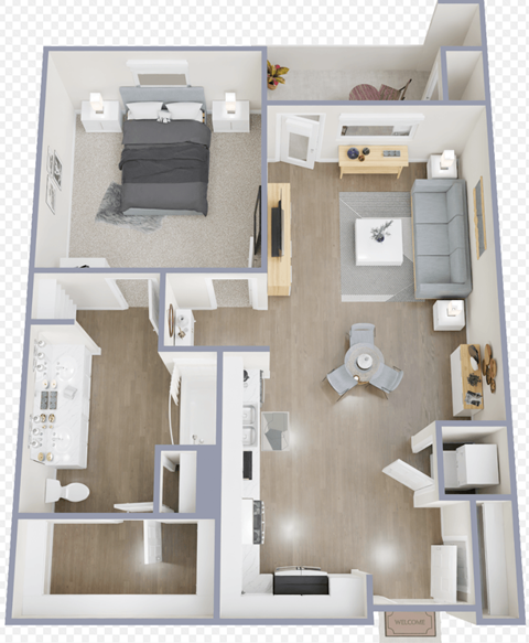 Floor plan for 1 bed, 1 bath, 861 sqft