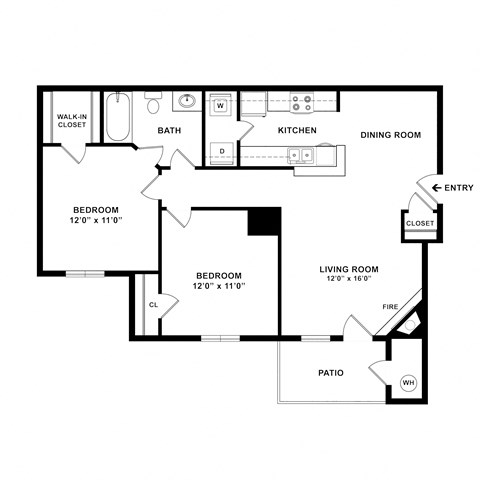 Floor plan for 2 beds, 1 bath, 925 sqft