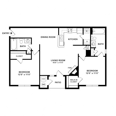 Floor plan for 2 beds, 2 baths, 1051 sqft