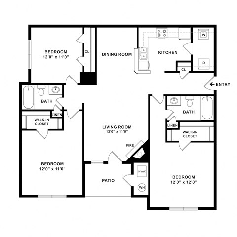 Floor plan for 3 beds, 2 baths, 1216 sqft