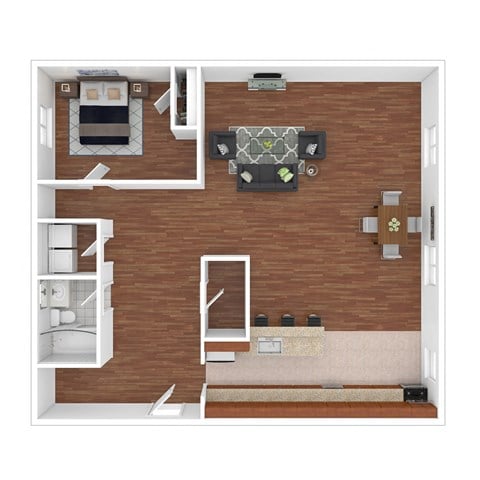 Floor plan for 1 bed, 1 bath, 750 sqft