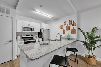 Granite countertops and tile backsplash