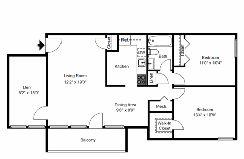 Floor plan for 2 beds, 1 bath, 927 sqft
