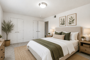 Hyattsville apartment for rent - A bedroom with a large bed and a green blanket.