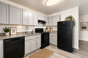 College Park apartment for rent - A black refrigerator stands in a kitchen with white cabinets and a black dishwasher.