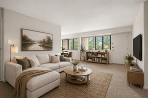 College Park apartment for rent - A living room with a couch, a coffee table, and a painting on the wall.