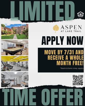 Columbia apartment for rent - A poster advertising a limited time offer for Aspen at Lake Trail, including a free month if you move by a certain date.