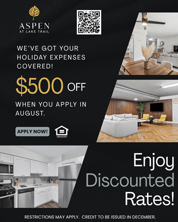 Columbia apartment for rent - A promotional image for Aspen at Lake Trail advertising a $500 discount on holiday expenses when applying in August.