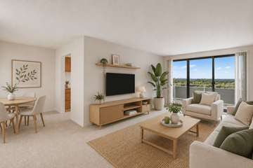Silver Spring apartment for rent - A living room with a flat screen TV, a coffee table, a couch, a dining table, and a view of the outdoors through a large window.