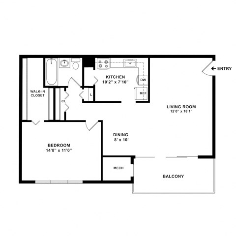 Floor plan for 1 bed, 1 bath, 722 sqft