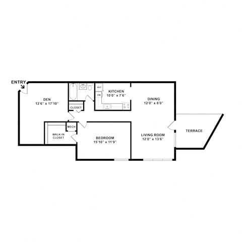 Floor plan for 1 bed, 1 bath, 767 sqft