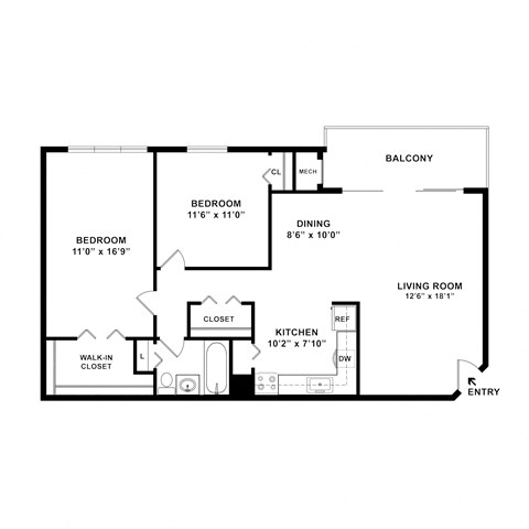 Floor plan for 2 beds, 1 bath, 894 sqft