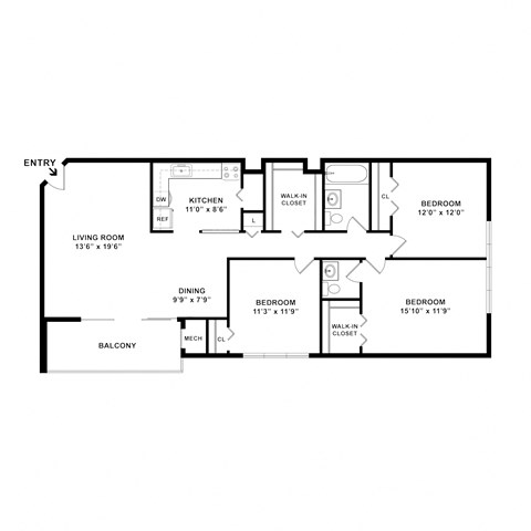 Floor plan for 3 beds, 1.5 baths, 1100 sqft