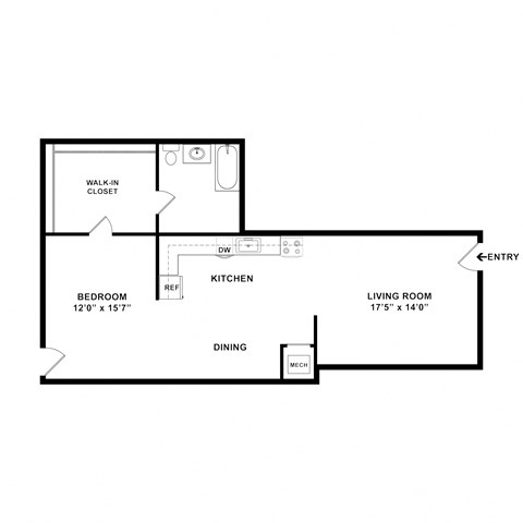 Floor plan for studio, 1 bath, 530 sqft
