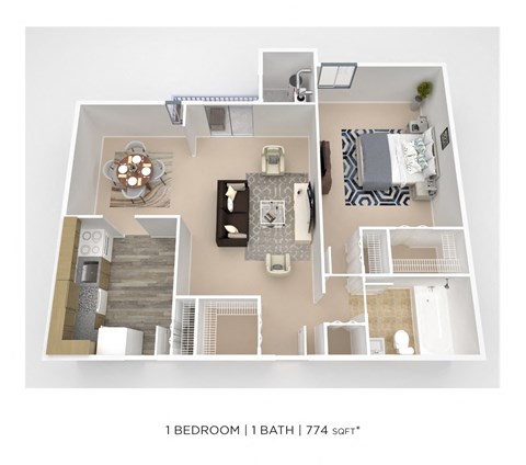 Floor plan for 1 bed, 1 bath, 831 sqft